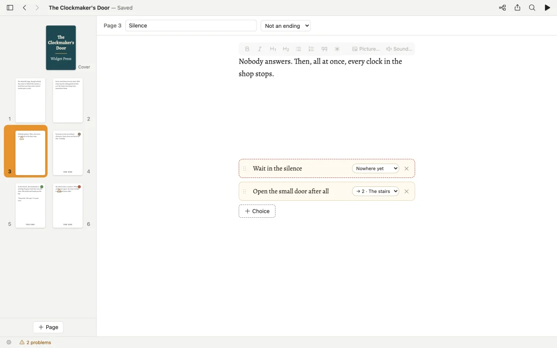 Page 3, Silence, with its first choice, “Wait in the silence”, outlined in red because it leads nowhere yet. The status bar reports 2 problems, and warning marks sit on the page thumbnails it affects.