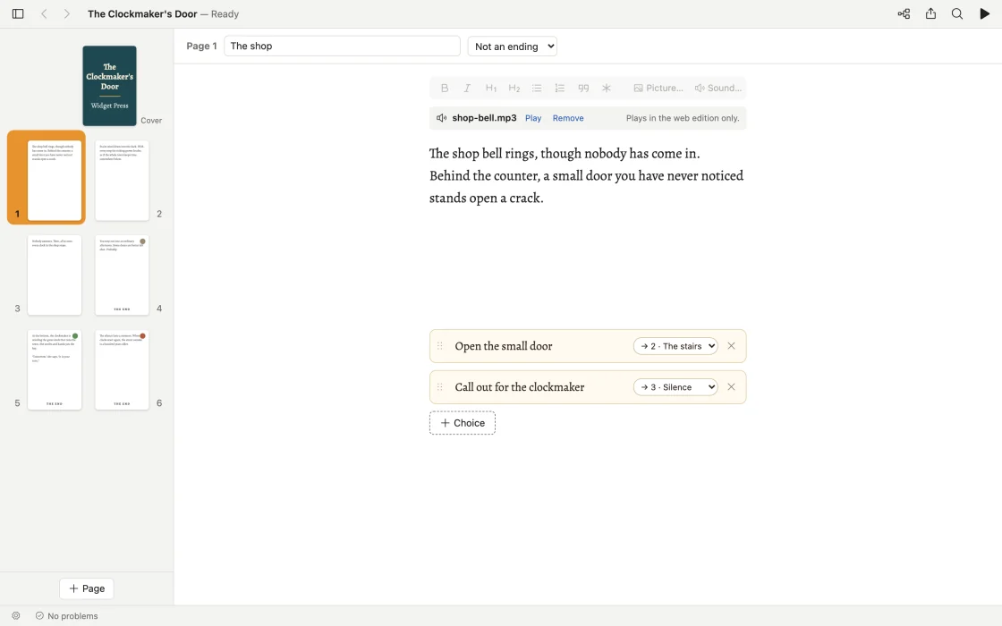The page editor on page 1, The shop: its text and shop-bell sound, and two choices, each pointing at the page it leads to. The story’s cover and numbered page thumbnails are on the left.
