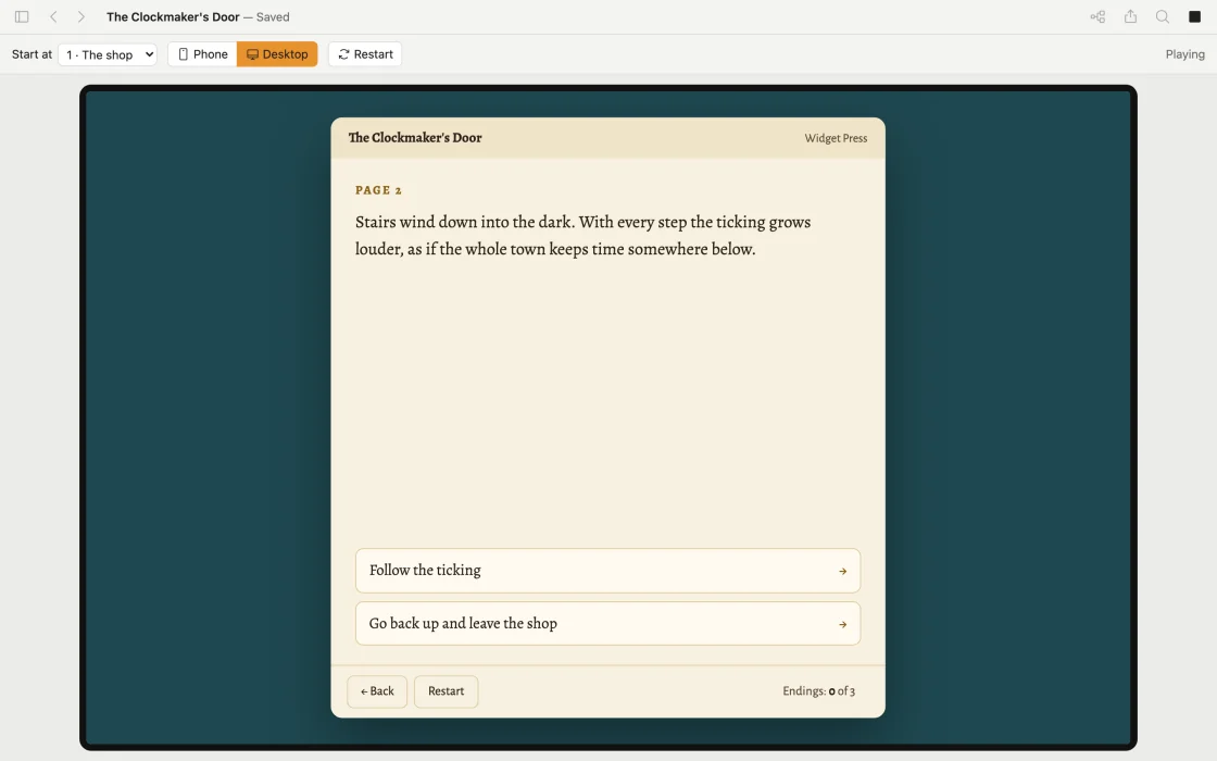 Play in ChooseWeaver: The Clockmaker’s Door open at page 2 in the desktop preview, “Stairs wind down into the dark”, with two choices, Follow the ticking and Go back up and leave the shop, and Back, Restart and an endings count below.