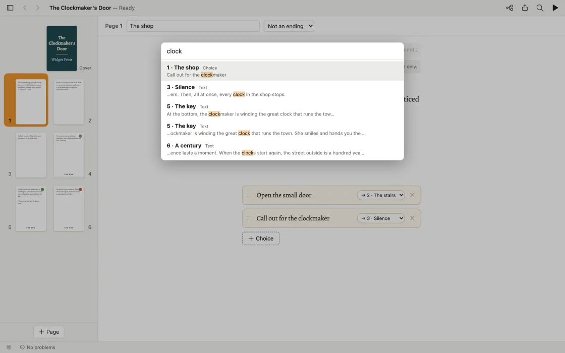 Search across the story for “clock”: matches in a choice on page 1 and in the text of pages 3, 5 and 6, each with its page number and title.